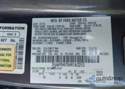 2017 Ford Fusion Se z USA, uszkodzony, nr VIN 3FA6P0H70HR163255